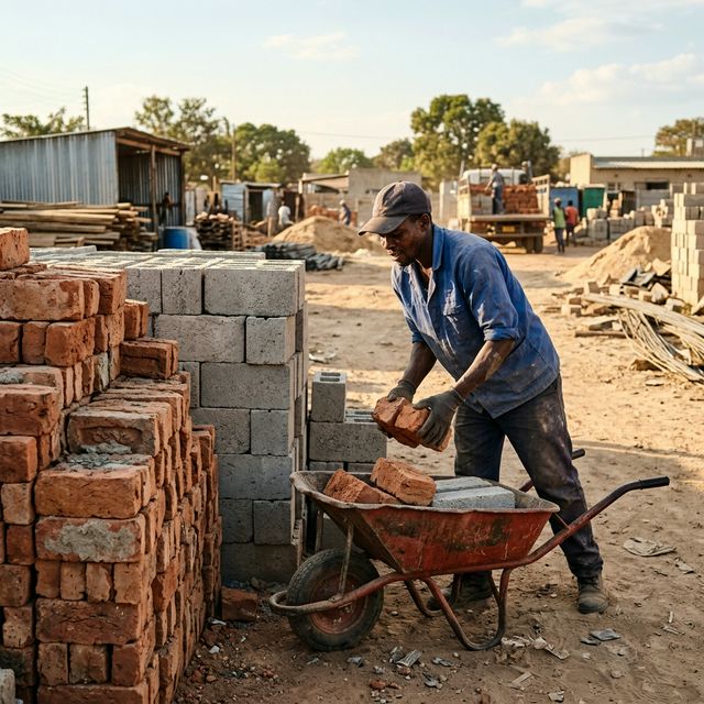 Stacked red burnt bricks and grey concrete blocks at a Zambian building materials yard