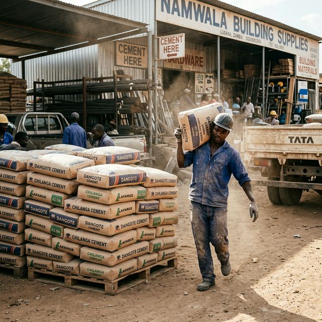 Stacked bags of Dangote and Lafarge cement at a Zambian building supply store