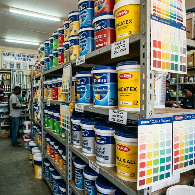 Colorful paint buckets from Dulux and Plascon on shelves at a Zambian hardware store
