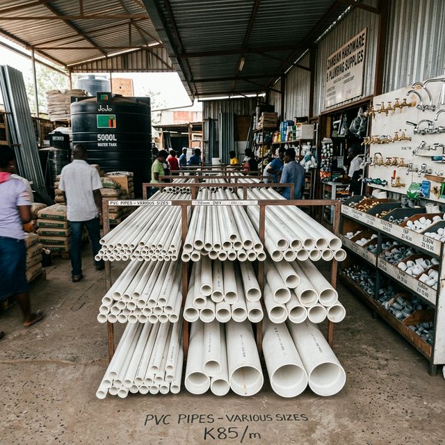 White PVC pipes of various diameters and a black water tank at a Zambian hardware shop