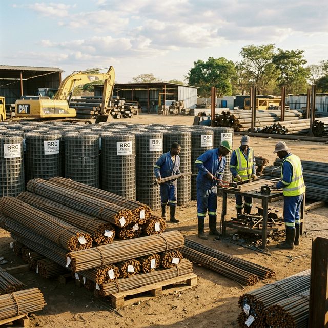 Bundles of steel reinforcement bars and BRC welded mesh at a Zambian steel yard