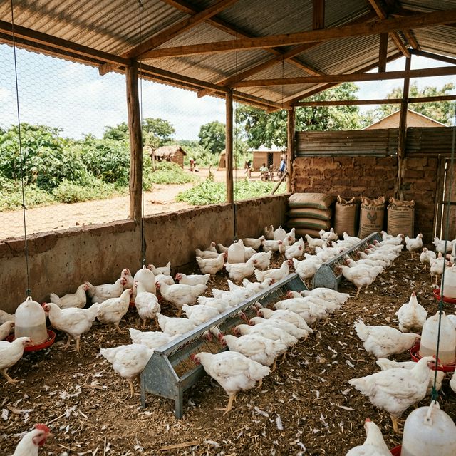 Broiler chickens feeding inside a poultry house in Zambia