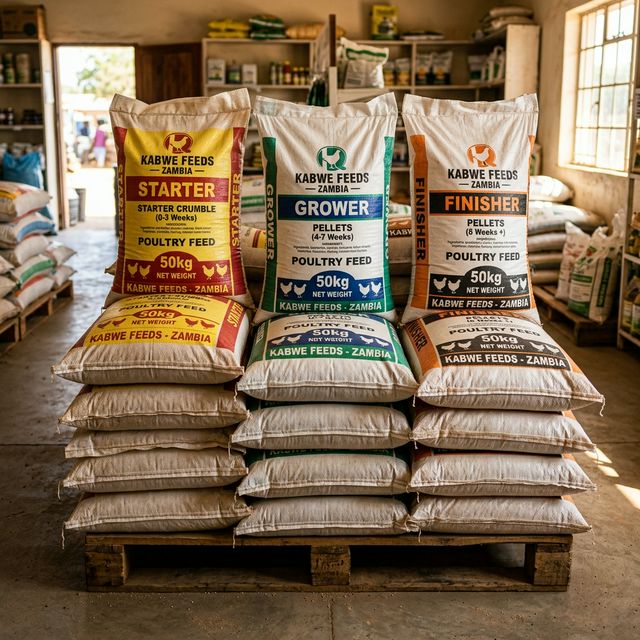 Commercial poultry feed bags — Starter, Grower, and Finisher varieties