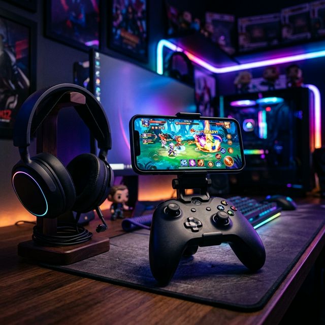 Gaming phone mounted on a controller with RGB gaming setup in the background