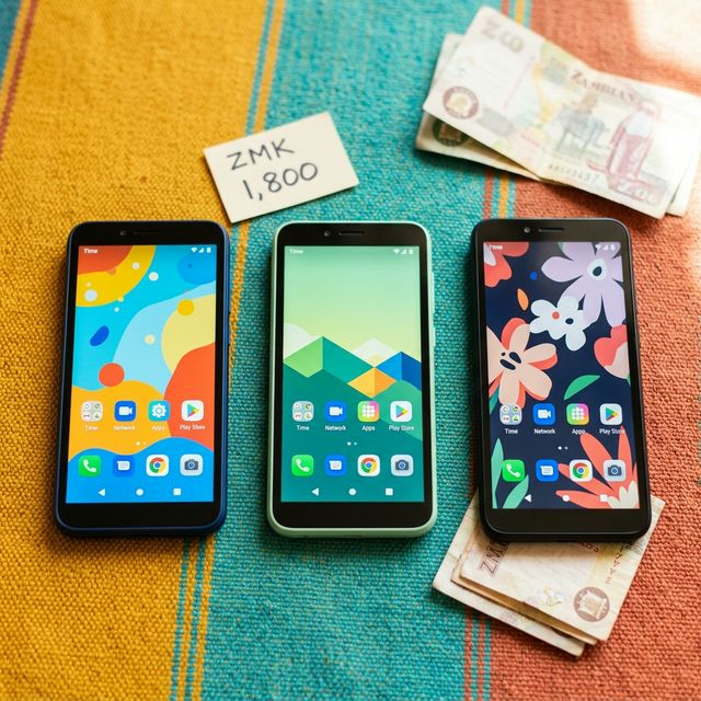 Budget smartphones with Zambian Kwacha currency notes on a colorful African textile