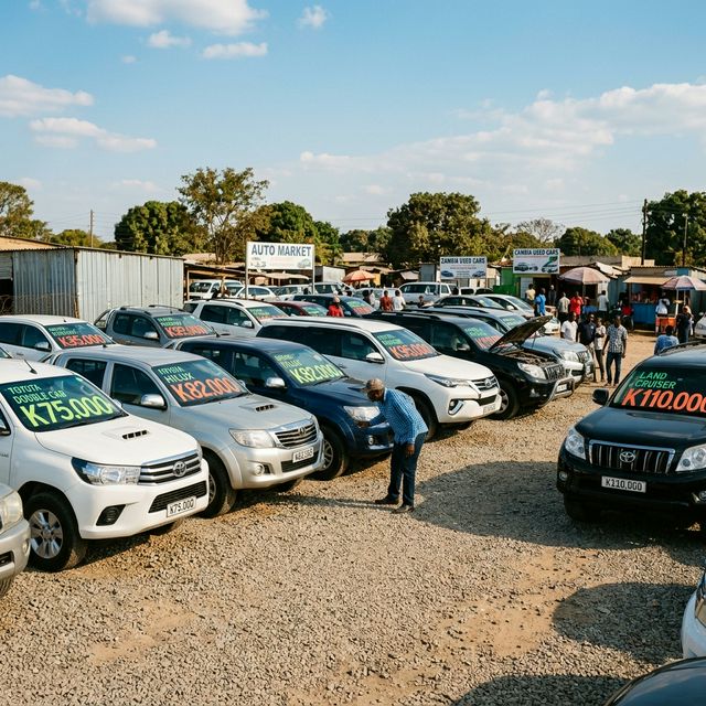 Cars for sale at an open-air car market in Zambia with price tags on windshields