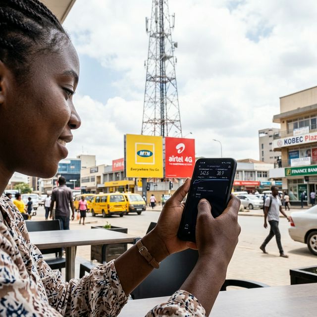 Woman using smartphone to check internet speed with MTN and Airtel signage in background, Zambia