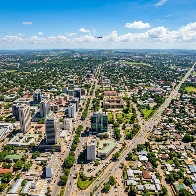 Aerial view of Lusaka, Zambia showing modern buildings, green streets, and a plane in the sky
